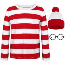 Uratot Kid'S Halloween Costume Set Red And White Striped T-Shirt Beanie Hat Nerd Glasses