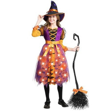 Spooktacular Creations Girls Witch Costume, Light Up Starry Witch Dress With Hat And Broom For Kids, Toddler Halloween Dress Up, Role Play (3T (3-4 Yr))