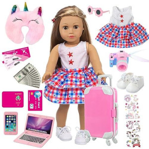 Zqdoll American 18 Inch Doll Clothes And Accessories - Doll Travel Suitcase Play Set Including Suitcase Doll Clothes, Shoes, Sunglasses, Camera, Unicorn Pillow, For 18 Inch Doll(No Doll)