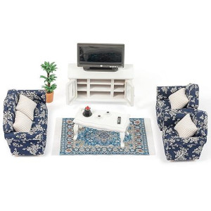 Samcami Miniature Dollhouse Furniture 1 12 Scale - Wooden Dollhouse Furniture Set For Dollhouse Living Room - Doll House Furniture Incl Sofa, Tv Cabinet, Coffee Table And Other Accessories (Blue)