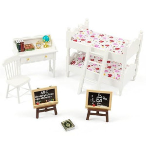 Samcami Miniature Dollhouse Furniture 1 12 Scale - Wooden Dollhouse Bed Set - Doll House Furniture Toys Incl Doll Bed, Desk, Books, Blackboards And Other Dollhouse Accessories