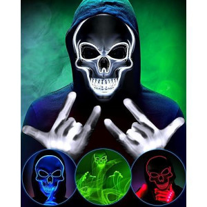 Sumind Halloween Led Mask Scary Led Skeleton Mask Purge Hacker Mask Glow In The Dark Mask For Halloween Costume Party(White)