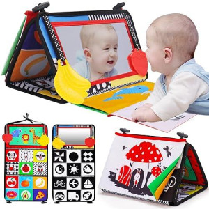 Tummy Time Baby Mirror Infant Toys Newborn 0 3 Months Brain Development With Crinkle Cloth Book Teether Black And White High Contrast Baby Toys 2 4 5 0-6 Month Boys Girls Sensory Activity Shower Gift