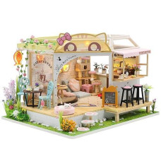 Cutebee Dollhouse Miniature With Furniture, Diy Wooden Dollhouse Kit Plus Dust Proof, Creative Room Idea(Cat Coffee Garden)