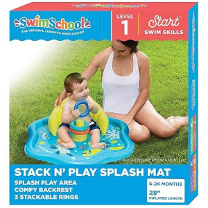 Swimschool Baby Splash Play Mat - Inflatable Play Pool For Babies & Infants With Backrest - Includes Baby Water Toy Rings- Seafoam Blue Lemon