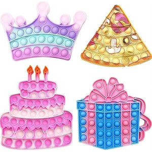 Qetrabone 4 Pcs Birthday Cake Crown Fidget Toys For Girl, Pop Fidget Toys Gift Bubbles Toy, Pizza Silicone Fidget Sensory Squeeze Bubbles Toy, Stress Relief Anti-Anxiety Autism