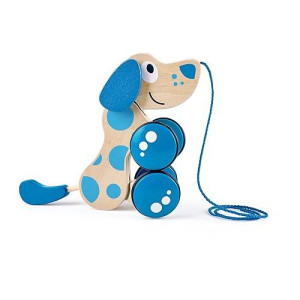 Hape Walk-A-Long Puppy Wooden Pull Toy | Push Pull Toy Puppy For Toddlers Can Sit, Stand And Roll. Rubber Rimmed Wheels For Easy Push And Pull Action, Blue