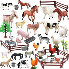 Realistic Farm Animal Figures Toys, 44 Pcs Plastic Farm Figurines Playset Includes Fences Mini Farm Animal Cake Topper Learning Toy Set For Kids & Toddlers