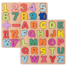 Wooden Toddler Puzzles 2 Packs Kids Educational Learning Toys Preschool Puzzles Letters Alphabet Number For 1 2 3 4 5 Year Old Boy Girl Toddler Children Gifts