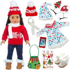 Zita Element 2 Sets 18 Inch Girl Doll Christmas Clothes Outfits With Shoes And Christmas Accessories - 18 Inch Christmas Doll Clothes Dress Boots Hat Scarf Hairclips Bag