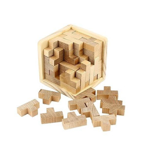 Wooden Brain Teaser Puzzle Cube Wooden Puzzles T-Shaped Jigsaw Logic Puzzle Educational Toy For Kids And Adults By Ahyuan (Natural)