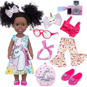 Zqdoll Black Doll And Black Baby Doll Clothes 14.5 Inch African American Silicone Girl Doll With 2 Sets Clothes And Travel Equipment Camera Backpack Glasses Etc - Best Gift For Kids Girls