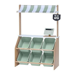 Teamson Kids Little Helper Wooden Farmer'S Market Stand With Pretend Cash Register And 6 Plastic Storage Bins, Green, Td-13638A-Amz