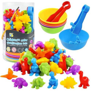 Raeqks Counting Sorting Dinosaurs Toys Matching Montessori Toys With Bowls Preschool Learning Activities Educational Sensory Game Stacking Toy Sets Animals Gifts For Toddlers Kids Boys Girls