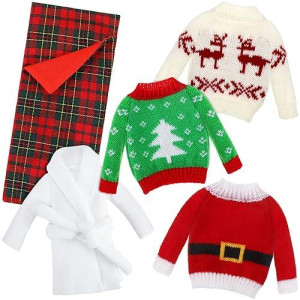 Zomiboo 5 Pieces Christmas Elf Dolls Accessories Set Including 3 Santa Hand Knitted Sweaters 1 Red Plaid Sleeping Bag And 1 White Nightgown Bathrobe For Elf Doll Xmas Decorations (Cute Style)