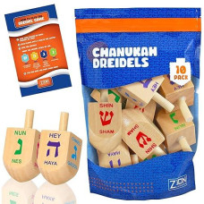 Zion Judaica 10 Pack Wood Dreidels For Hanukkah With Dreidel Game Guide In A Reusable Zip Lock Bag Medium Size Bulk Pack Wooden Chanukah Driedels With Letters And English Transliteration