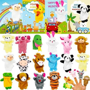 Valentines Day Card With Plush Animal Finger Puppet Toys Sets, 16Pcs Cartoon Hand Puppets For Kids Valentine'S Day Preschool Classroom Exchange Prizes, Valentine Theme Party Favor