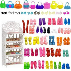 Highfun Doll Shoes Rack + 30 Pairs Doll Shoes 10 Doll Handbags 10 Doll Glasses Replacement Fashion Playset Accessories Different Assorted Colors High Heel Boots Sandals For 11.5 Inch Girl Doll