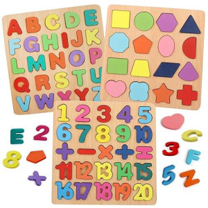 Puzzles For Toddlers, 3 Pack Wooden Abc Alphabet Number Shape Puzzles Toddler Learning Toys For Kids 2-4 Years Boys Girls, Montessori Preschool Educational Gift Learning Letter Puzzles Toys Ages 1-3