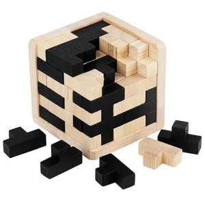 Wooden Brain Teaser Puzzle Cube Wooden Puzzles T-Shaped Jigsaw Logic Puzzle Educational Toy For Kids And Adults By Ahyuan (Black And Natural)