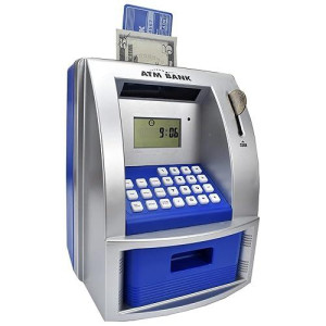 Toy Talking Atm Bank Atm Machine Savings Bank For Kids -Works Like A Real One- Deposit, Withdraw, Debit Card, Saving Target, Timer And Clock - Blue