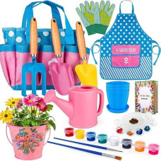 Kids Gardening Tools Set, Kids Gardening Plant And Paint Arts Crafts Set Gifts For Kids Aged 5-12, Wooden Garden Tools With Apron, Watering Can, Gloves & Painting Accessories, Easter Gifts For Girls