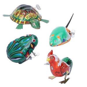 Toyandona Vintage Wind Up Animal 4Pcs Metal Wind Up Tin Toys Children Cochain Toys Jumping Rooster Frog Turtle Toys For Kids Party Favors (Assorted Color) Classic Clockwork Toy