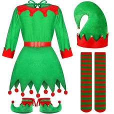 Syhood 5 Pcs Christmas Elf Costume Kids Girls Velvet Elf Costume Santas Helper Outfit With Hat Shoes Belt Striped Stockingsfit