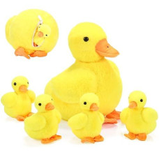 Zomiboo 5 Pieces Duck Stuffed Animals Includes Big Stuff Mommy Duck With 4 Little Baby Duck Plush Toys Soft Duck Family Plush Set With Zipper Pouch For Toddlers Boys Girls (Yellow Duck)