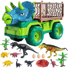 TEMI Triceratops Dinosaur Truck Toy with 8 Dino Figures