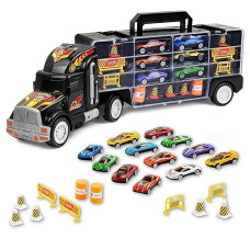 Toy Truck Transport Car Carrier Toy For Boys And Girls Age 3-10 Yrs Old - Hauler Truck Includes 12 Toy Cars And Accessories - Car Truck Fits 28 Car Slots - Ideal Gift For Kids