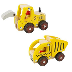 Wooden Push Car Toys For Infants 18 Months, 2 Pcs Baby Vehicle Toys Hand Push Car Toys For 2 Year Old Boys Girls (Excavator + Truck)