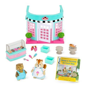 Li’L Woodzeez - Scoops & Sprinkles Ice Cream Shop - 21Pcs Dollhouse Playset - 2 Posable Doll Figures & 1 Storybook Included - Miniature Food & Accessories - Stackable Playset For Kids 3+