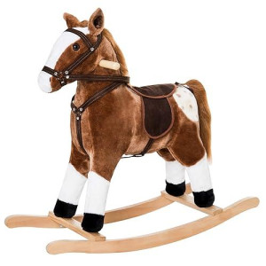 Qaba Kids Rocking Horse Plush Ride On Toy Toddler Rocker For Boys Girls Gifts With Realistic Sounds, Brown