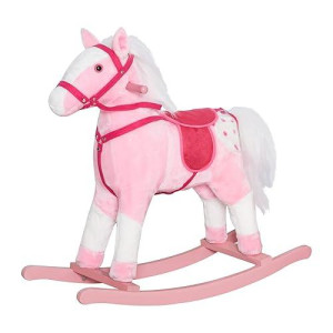 Qaba Kids Rocking Horse Plush Ride On Toy Toddler Rocker For Boys Girls Gifts With Realistic Sounds, Pink