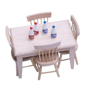 Taponukea Miniature Dollhouse Furniture And Accessories 1 12 Scale Dollhouse Miniature Furniture Wooden Dining Table Chair Bottles Model Set (Table Chair Set+Milk Bottle)