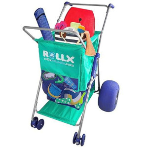 Rollx Beach Cart With Big Balloon Wheels For Sand, Foldable Storage Wagon With 13 Inch Beach Tires (Pump Included) (Seafoam)