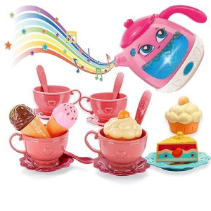 Tea Party Set For Little Girls- Musical Teapot Lights Up With Songs & Sounds -Interactive Tea Set For Toddlers - Princess Teatime Toys With Dessert- Kids Kitchen Pretend Playset - Best Gifts Age 3-8