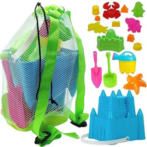 4E'S Novelty Beach Toys For Kids With Bag (17 Pcs Set) Castle Beach Bucket With Shovels & Molds - Beach Toys For Kids 3-10, Sand Toys For Toddlers With Mesh Beach Bag Backpack