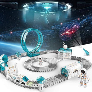 Vanlinny Space Toys For Kids, 204Pcs Train Toys For Boys 6-8 With 1 Mini Star Projector, 1 Light Up Car And 2 Astronaut Dolls, Flexible Race Track Birthday Xmas Gifts Set For Girls Boys 4-7