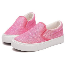 Toandon Toddler Girls Kids Sneakers Canvas Shoes Loafers Glitter Low Top Slip On Glimmer Sparkle Non-Slip Rubber Sole Lightweight Breathable Outdoor Fashion Casual Tennis Shoes Pink Size 11