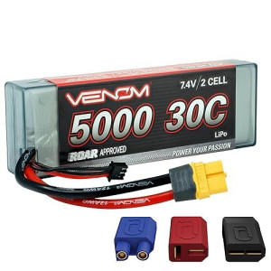 Venom Drive Series 30C 2S - 5000Mah 7.4V Lipo Rc Battery - Universal 2.0 Plug, Lithium Polymer 2 Cell - Soft Silicone Connector & Compatible W/ Xt60, Traxxas, Deans, Ec3, 2Wd, 4Wd, Truck & Buggies