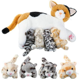 Skylety Nurturing Cat Stuffed Animal With Plush Kittens, Valentine Cat Baby Stuffed For Girls And Boys Plushy Kitty Mommy Cat With 4 Baby Cats For Birthday Party Favors Gifts(Lovely Style)