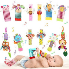 Bloobloomax Baby Soft Hanging Rattle, Wrist Rattle And Hand Foot Rattle Toy, Car Seat Stroller Toys With Plush Animal C-Clip Ring For Infant Babies Boys And Girls 3 6 9 To 12 Months (12Pcs-G)