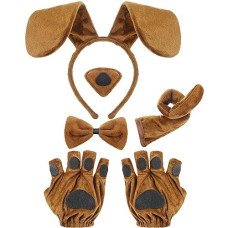 Syhood Puppy Dog Costume Set Kids Dog Ears Headband Bowtie Nose Tail Paw Gloves Puppy Animal Costume For Halloween Carnival World Book Day(Light Coffee,Rustic Style)