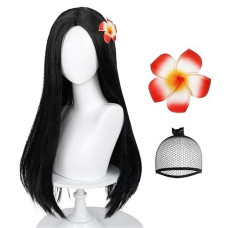 Long Straight Black Kids Wig With Flower Hair Clip, Wigs For Girls Kids Toddler Cosplay Synthetic Hair + Hair Net For Halloween Party Daily Costumes