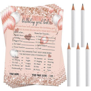 Leinuosen Who Knows The Birthday Girl Best Card 50 Pcs Birthday Party Game Set Girly Pink Rose Gold Sprinkles Themed Cards With 10 Pre Pointed Pencils For Teen Sweet Sleepover Party