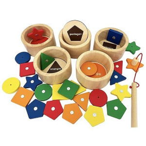 Dailyfunn Montessori Toy Wooden Sorting Cup&Fishing Game 2-In-1 Colors Shapes Sorting Matching Learning Toys For Toddlers 1-3 Year Old