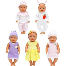 Sotogo 5 Sets Baby Doll Clothes Outfits Jumpsuits With Hats For 14 To 17 Inch Baby Doll, 43Cm New Born Baby Doll, American 18 Inch Doll Clothes And Accessories