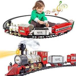 Deao Christmas Theme Classic Train Set For Kids With Headlight, Realistic Sounds, 4 Cars Carriage And Tracks, Best Gift For Christmas Décor Under The Christmas Tree